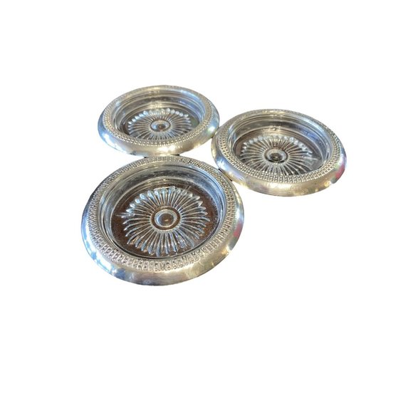 Set of 3 Antique Art Deco Sterling Silver Wrapped Crystal Coasters - Picture 9 of 11